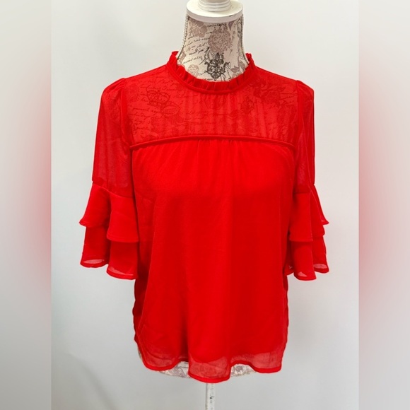 MONTEAU Cherry red sheer ruffle sleeve top size S. - Picture 8 of 13